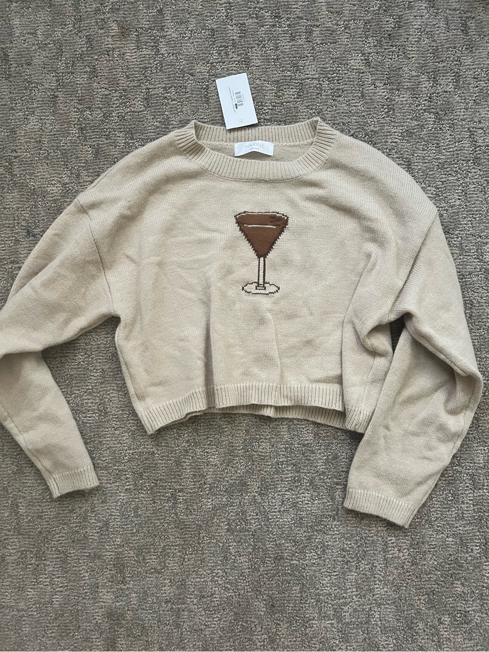Maxine of Hollywood Beige Cropped Crewneck Sweater with Cocktail Motif